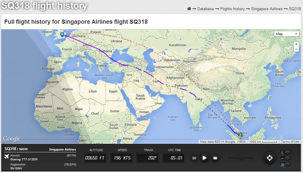 SQ 318 Flight Path post 17th July 2014 (Source: FlightRadar24)